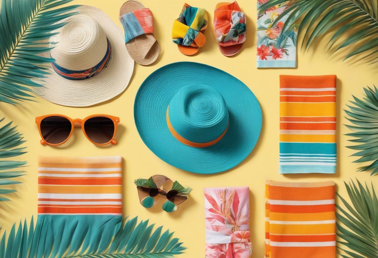 A vibrant collage showcasing an array of beach accessories like hats, sunglasses, and colorful towels, seamlessly blended with stylish swimwear designs displayed on a sunlit beach backdrop. Include tropical elements like palm trees and gentle waves to evoke a summer vibe, with warm hues of orange, yellow, and teal dominating the palette. Emphasize a fresh and lively atmosphere that invites readers into the world of summer fashion. vector art. vibrant colors. 3D.